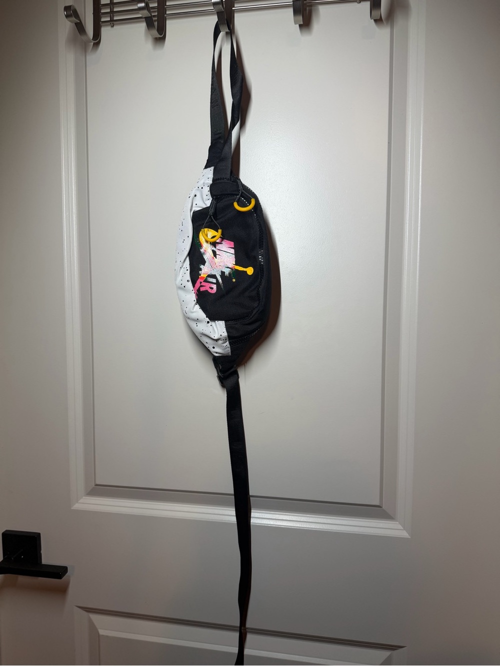 Black and White Graphic Sling Bag with Yellow Accent